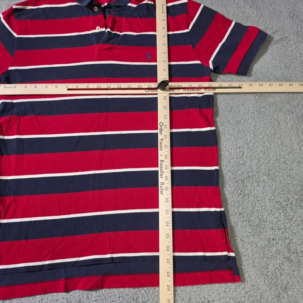 Polo Ralph Lauren Mens Large Polo Shirt Red Navy Blue Striped Short Sleeve Pony